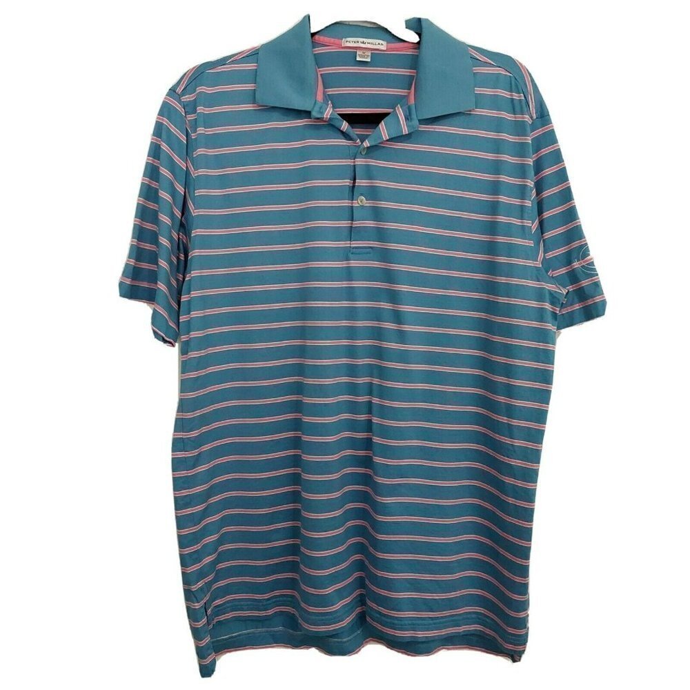 Peter Millar Polo Shirt Mens Large Blue Pink Striped Short Sleeve‎ Golf Cotton
